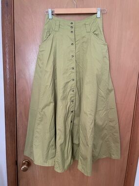 Vintage 100% Cotton Green Button Down Long A-Line Skirt Size XS 25”